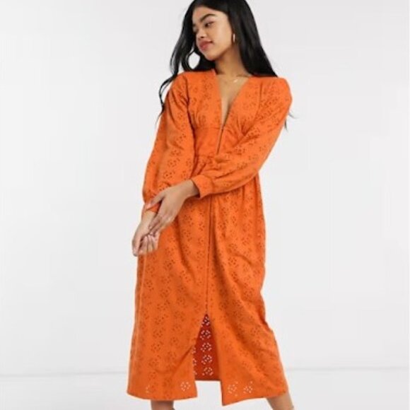 ASOS Orange Broderie Eyelet Cotton Midi Dress Boho Size 0 100% Cotton Fall - Picture 1 of 11